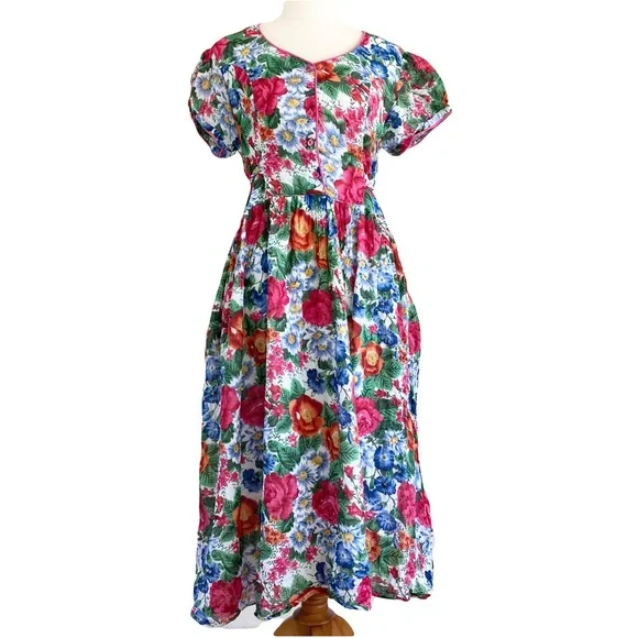 Vintage 1980s Floral Front Button Maxi Dress L Cotton100% Lined Pink Beautiful - Picture 9 of 11